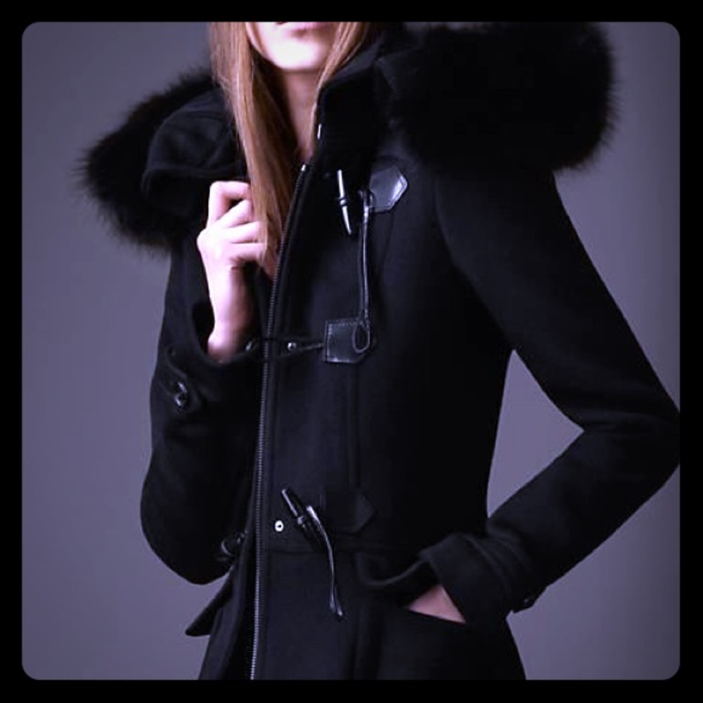 Burberry Black Long Wool Duffel Coat with Fur Hood